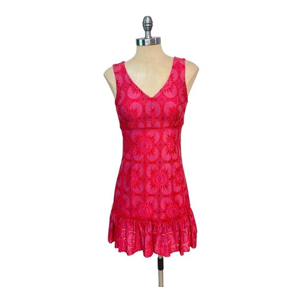 Trina Turk Pink Carpinteria Embroidery eyelet Ruffle Hem Dress size 0 - Picture 3 of 7